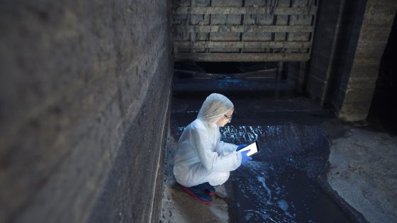 Ecologist expert taking water samples to examine pollution and contamination of waste water coming out of city sewage to the river. Water examination.